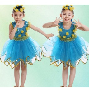 Turquoise blue red sequined sleeveless girls kids children toddlers kindergarten flower girls modern dance jazz dance school play outfits dresses costumes